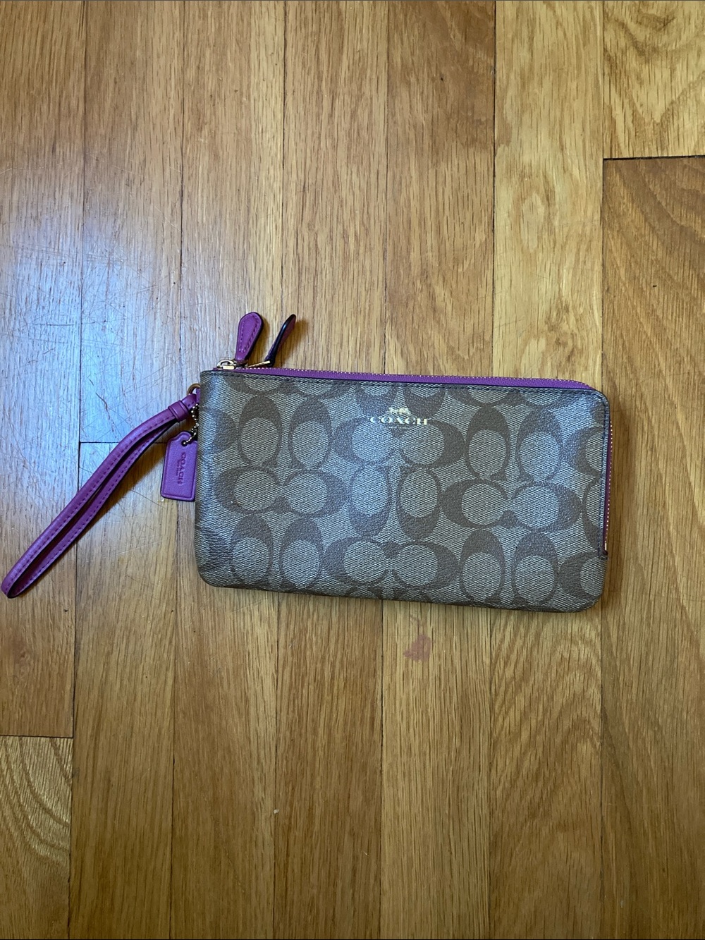 Coach Brown Signature Wristlet with Purple Trim